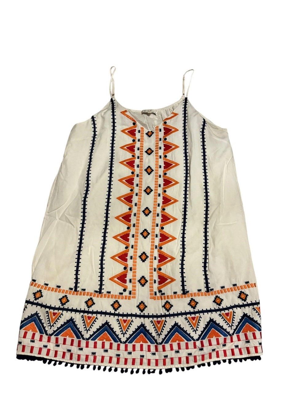 A.E.L.Y Los Angeles Embroidered Pom Trim Boho Mini Dress Medium